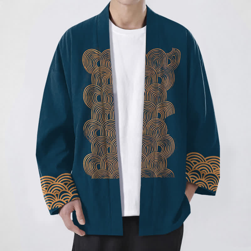 Buddha Stones Kimono da uomo in cotone con motivo a mezzaluna e apertura frontale. - Verde acqua - US/UK/AU48, EU58 (4XL) - image 6