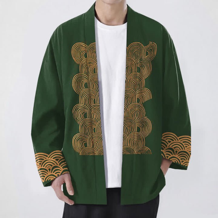 Buddha Stones Kimono da uomo in cotone con motivo a mezzaluna e apertura frontale. - Verde scuro - US/UK/AU48, EU58 (4XL) - image 9