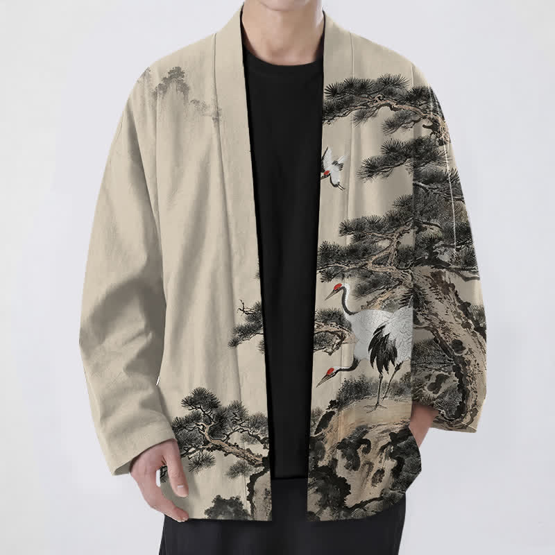 Buddha Stones Kimono da uomo con apertura frontale, fantasia a inchiostro di gru di pino in cotone. - Beige - US/UK/AU48, EU58 (4XL) - image 0
