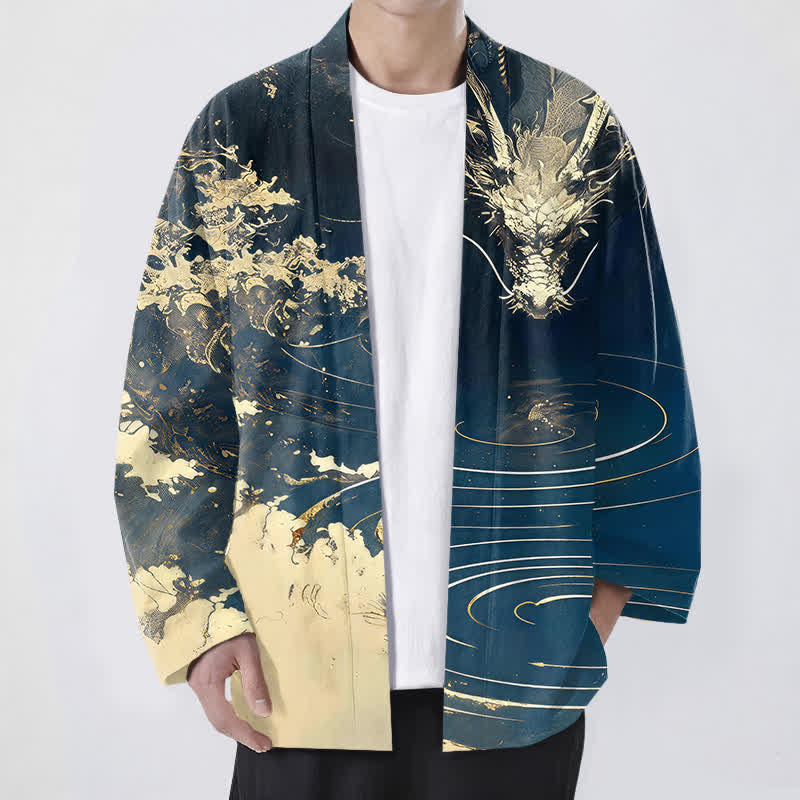Buddha Stones Kimono da uomo in cotone con apertura frontale e motivo a onde e nuvole, drago dorato. - Marina - US/UK/AU48, EU58 (4XL) - image 0