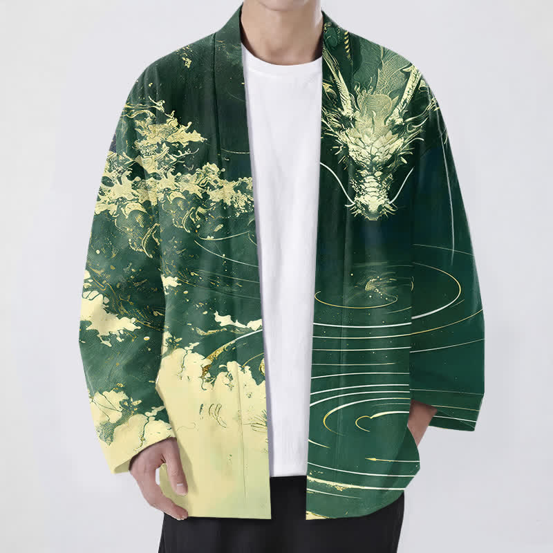 Buddha Stones Kimono da uomo in cotone con apertura frontale e motivo a onde e nuvole, drago dorato. - Verde scuro - US/UK/AU48, EU58 (4XL) - image 6