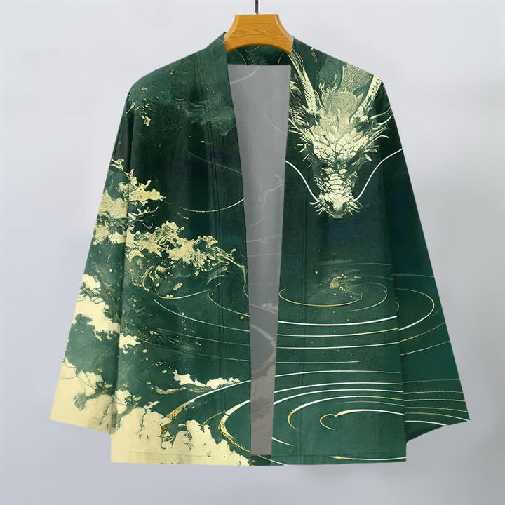 Buddha Stones Kimono da uomo in cotone con apertura frontale e motivo a onde e nuvole, drago dorato. - image 7
