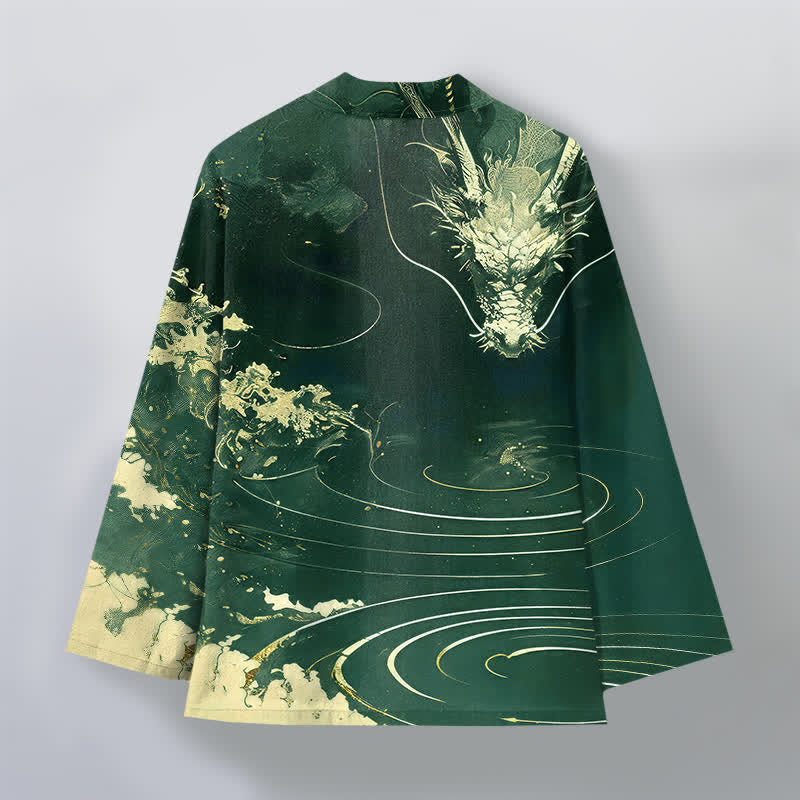 Buddha Stones Kimono da uomo in cotone con apertura frontale e motivo a onde e nuvole, drago dorato. - image 8