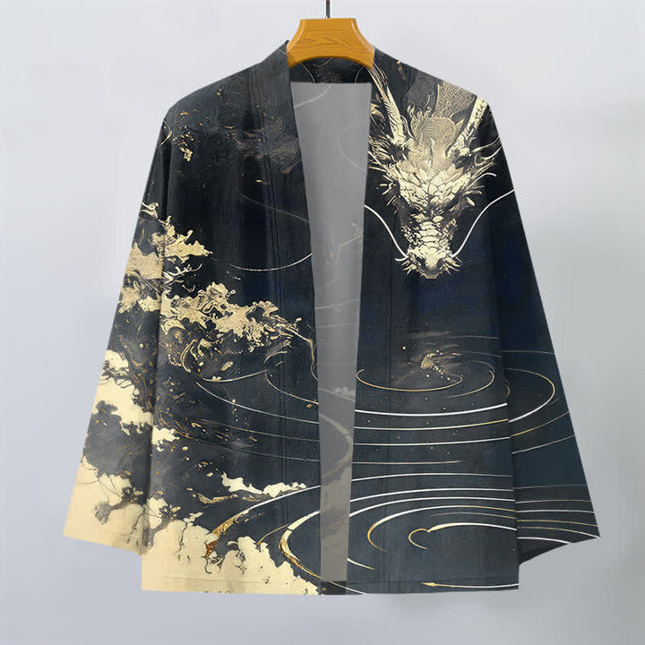Buddha Stones Kimono da uomo in cotone con apertura frontale e motivo a onde e nuvole, drago dorato. - image 10