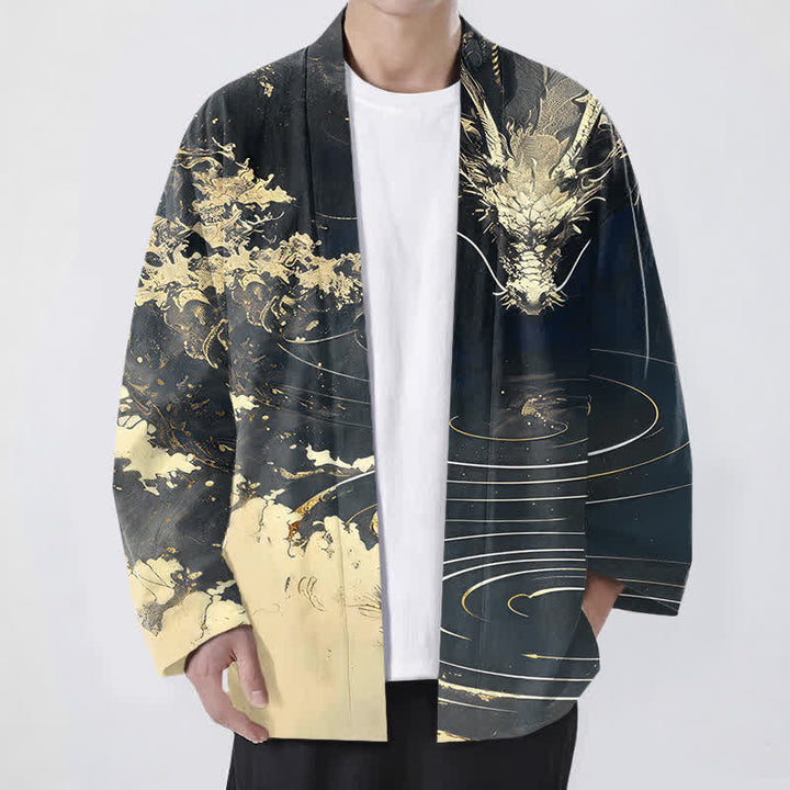 Buddha Stones Kimono da uomo in cotone con apertura frontale e motivo a onde e nuvole, drago dorato. - Nero - US/UK/AU48, EU58 (4XL) - image 9