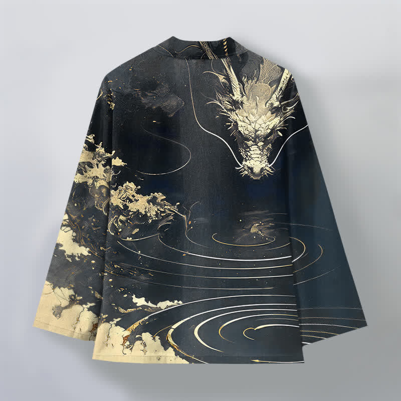 Buddha Stones Kimono da uomo in cotone con apertura frontale e motivo a onde e nuvole, drago dorato. - image 11