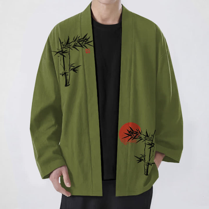 Buddha Stones Kimono da uomo in cotone, bambù, rosso, con motivo a sole e apertura frontale. - Verde oliva - US/UK/AU48, EU58 (4XL) - image 0