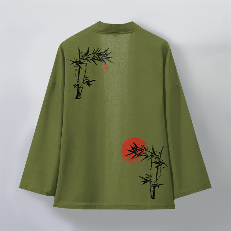 Buddha Stones Kimono da uomo in cotone, bambù, rosso, con motivo a sole e apertura frontale. - image 2