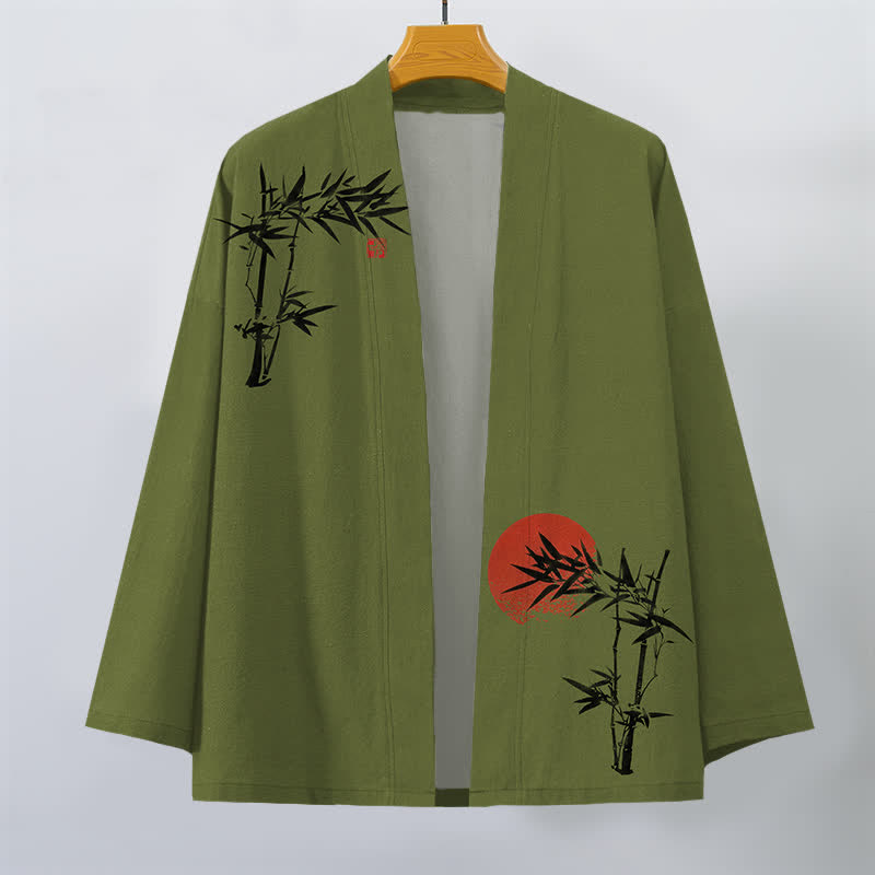 Buddha Stones Kimono da uomo in cotone, bambù, rosso, con motivo a sole e apertura frontale. - image 1
