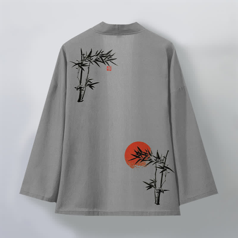 Buddha Stones Kimono da uomo in cotone, bambù, rosso, con motivo a sole e apertura frontale. - image 8