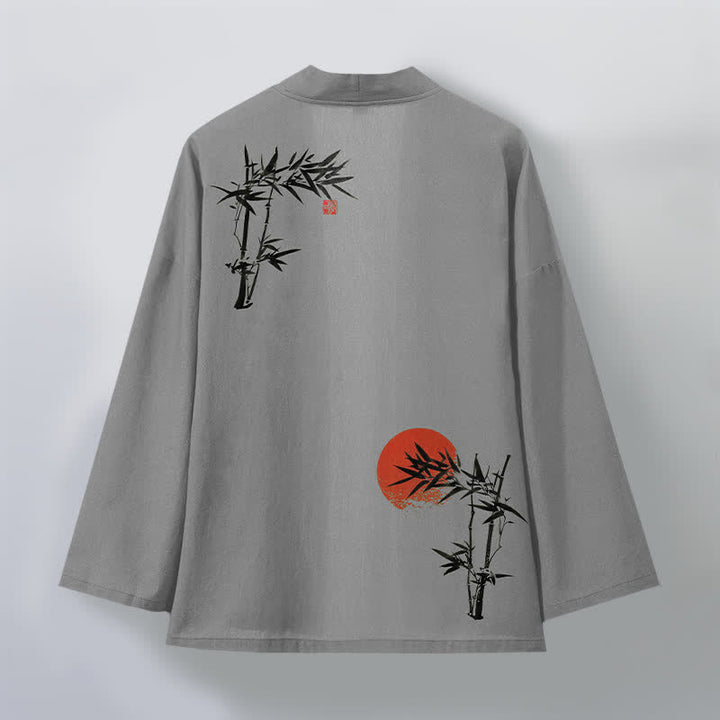 Buddha Stones Kimono da uomo in cotone, bambù, rosso, con motivo a sole e apertura frontale. - image 8