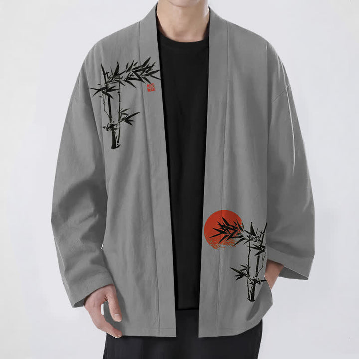 Buddha Stones Kimono da uomo in cotone, bambù, rosso, con motivo a sole e apertura frontale. - Grigio scuro - US/UK/AU48, EU58 (4XL) - image 6
