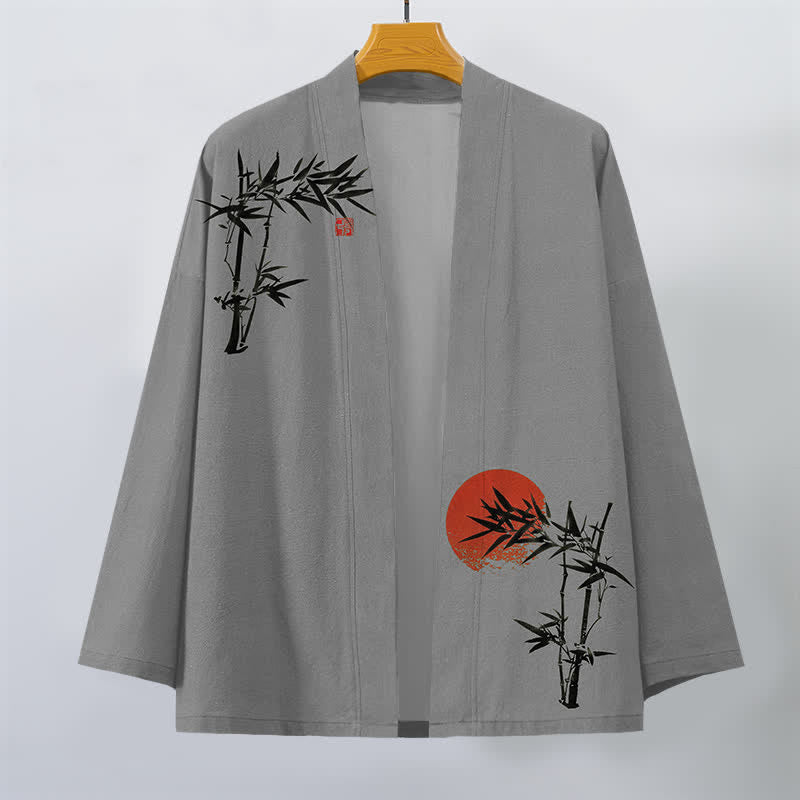 Buddha Stones Kimono da uomo in cotone, bambù, rosso, con motivo a sole e apertura frontale. - image 7