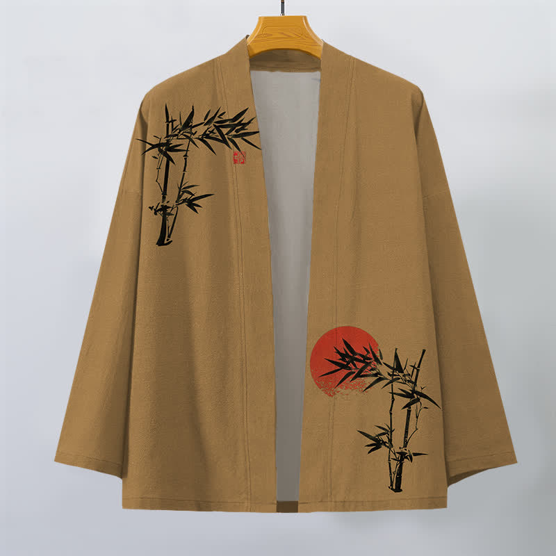 Buddha Stones Kimono da uomo in cotone, bambù, rosso, con motivo a sole e apertura frontale. - image 10