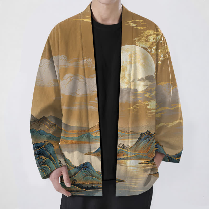 Buddha Stones Kimono da uomo in cotone con motivo paesaggio montano e luna dorata, aperto sul davanti. - SandyBrown - US/UK/AU48, EU58 (4XL) - image 0