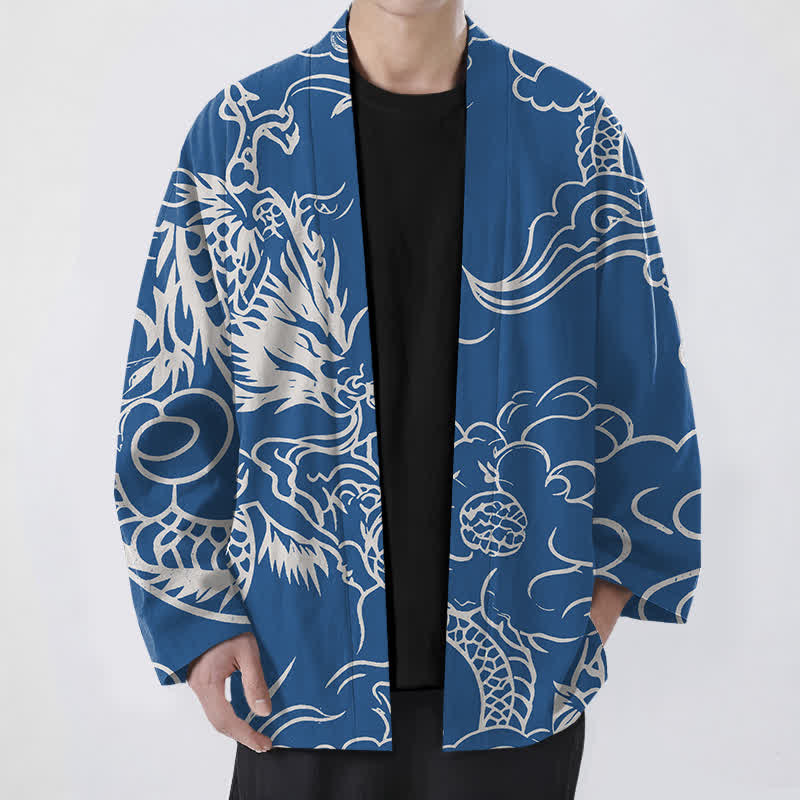 Buddha Stones Kimono da uomo in cotone bianco con motivo drago e nuvole, aperto sul davanti. - Blu reale - US/UK/AU48, EU58 (4XL) - image 0