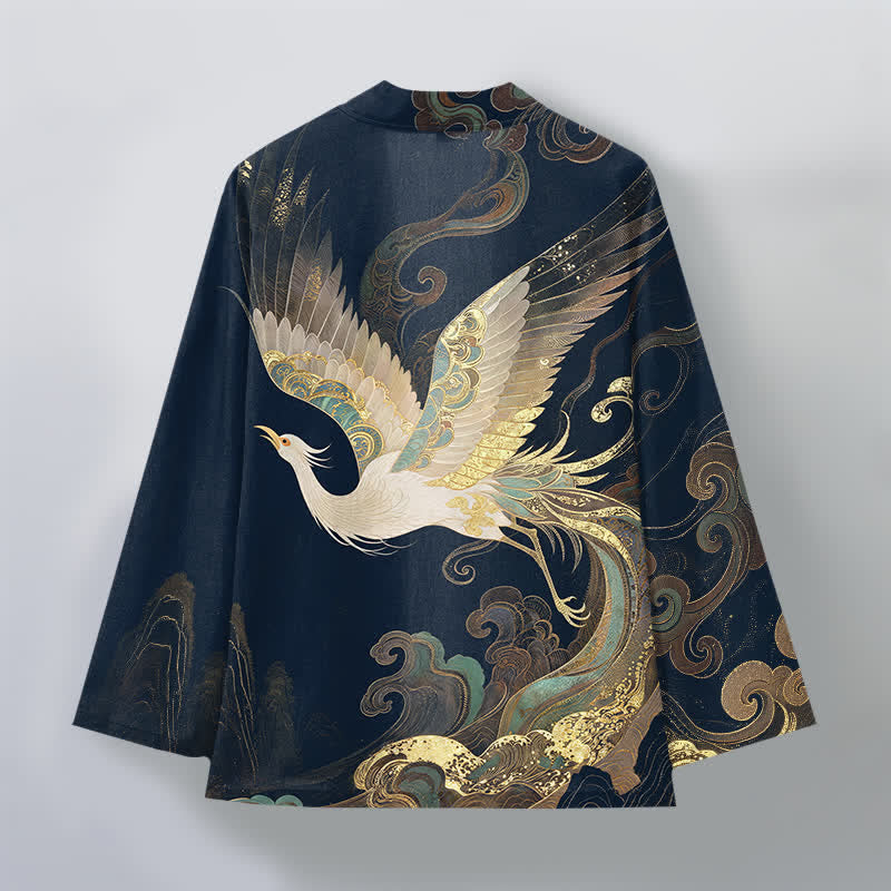 Buddha Stones Kimono da uomo in cotone con apertura frontale e motivo a gru dorate e nuvole. - image 2