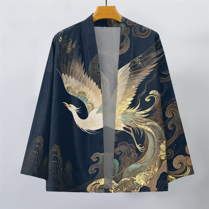 Buddha Stones Kimono da uomo in cotone con apertura frontale e motivo a gru dorate e nuvole. - image 1