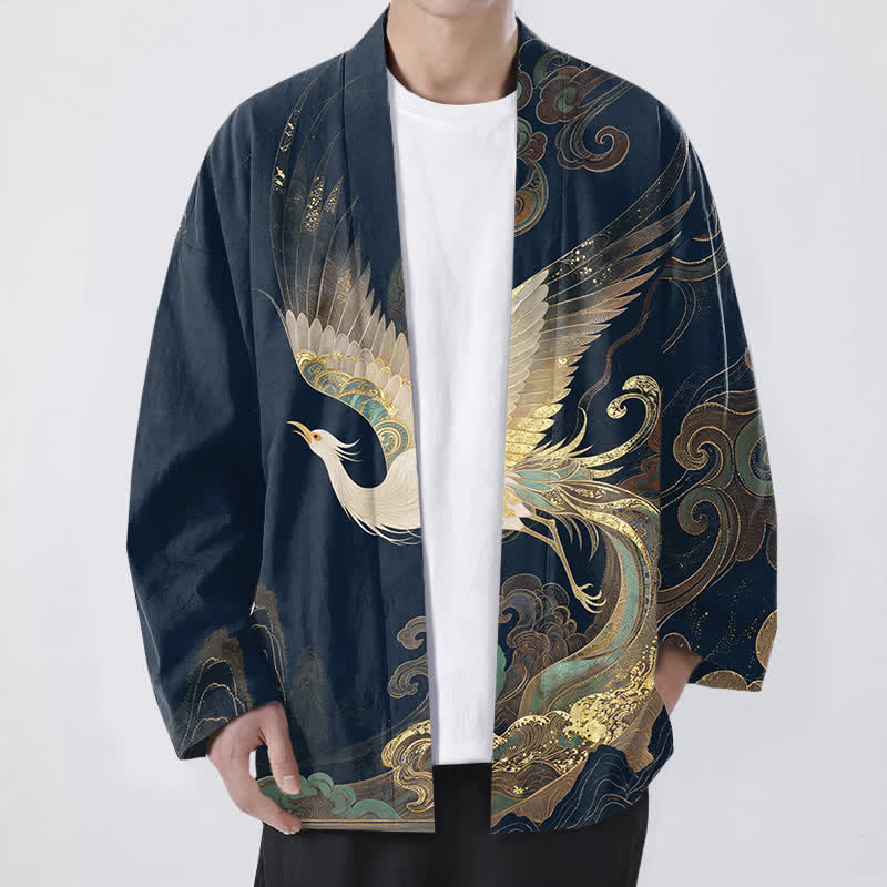 Buddha Stones Kimono da uomo in cotone con apertura frontale e motivo a gru dorate e nuvole. - Marina - US/UK/AU48, EU58 (4XL) - image 0