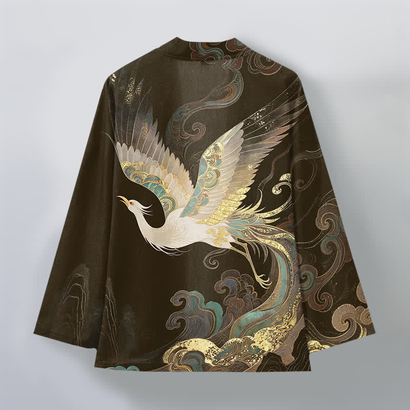 Buddha Stones Kimono da uomo in cotone con apertura frontale e motivo a gru dorate e nuvole. - image 8