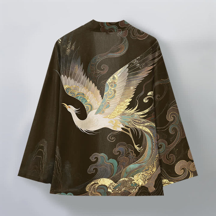 Buddha Stones Kimono da uomo in cotone con apertura frontale e motivo a gru dorate e nuvole. - image 8
