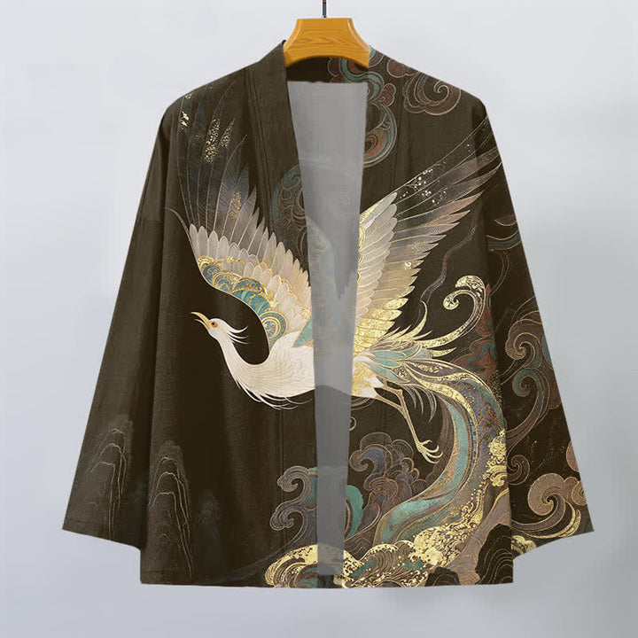 Buddha Stones Kimono da uomo in cotone con apertura frontale e motivo a gru dorate e nuvole. - image 7
