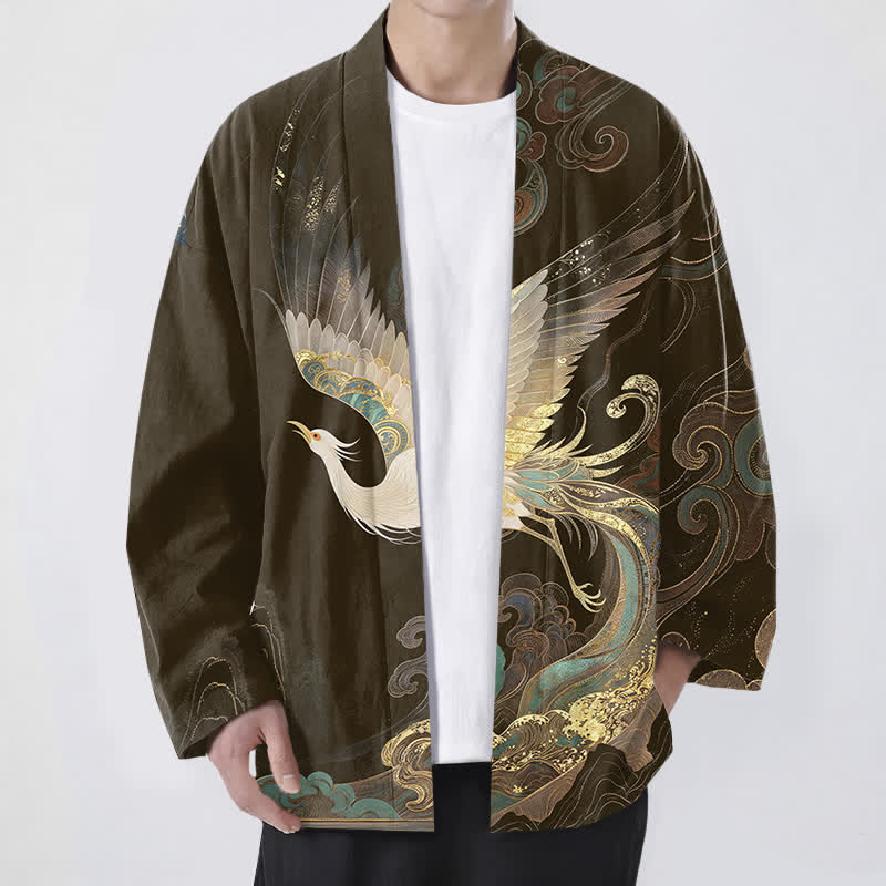 Buddha Stones Kimono da uomo in cotone con apertura frontale e motivo a gru dorate e nuvole. - Marrone sella - US/UK/AU48, EU58 (4XL) - image 6
