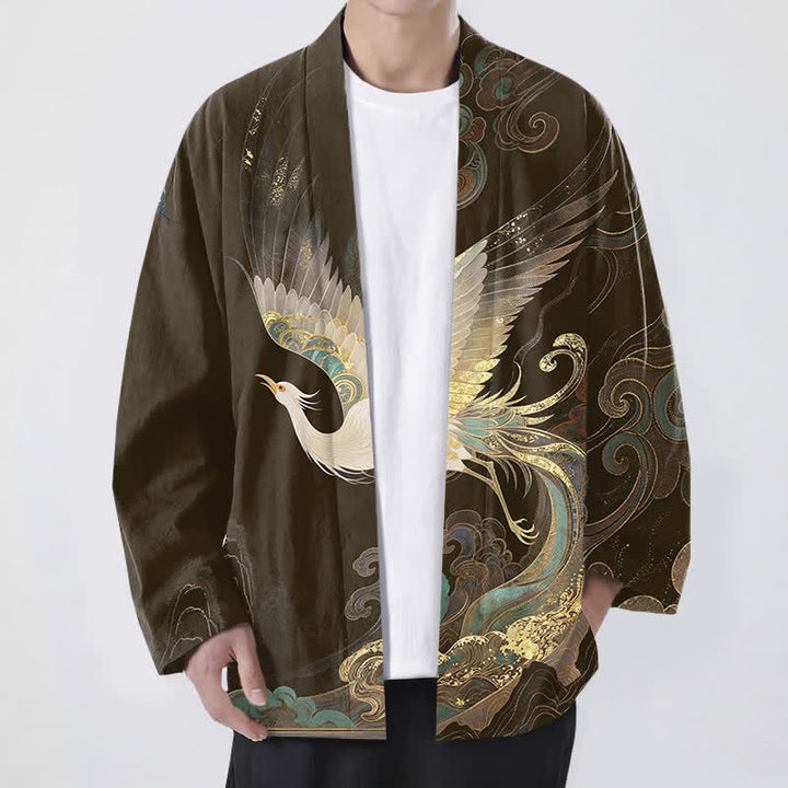 Buddha Stones Kimono da uomo in cotone con apertura frontale e motivo a gru dorate e nuvole. - Marrone sella - US/UK/AU48, EU58 (4XL) - image 6