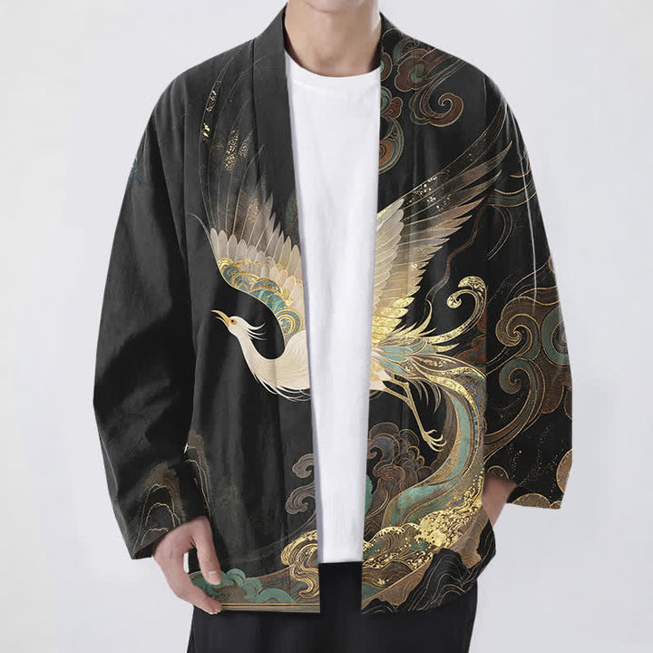 Buddha Stones Kimono da uomo in cotone con apertura frontale e motivo a gru dorate e nuvole. - Nero - US/UK/AU48, EU58 (4XL) - image 9