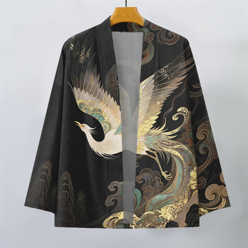 Buddha Stones Kimono da uomo in cotone con apertura frontale e motivo a gru dorate e nuvole. - image 10
