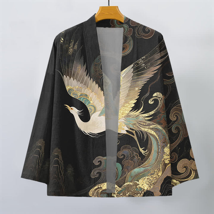 Buddha Stones Kimono da uomo in cotone con apertura frontale e motivo a gru dorate e nuvole. - image 10