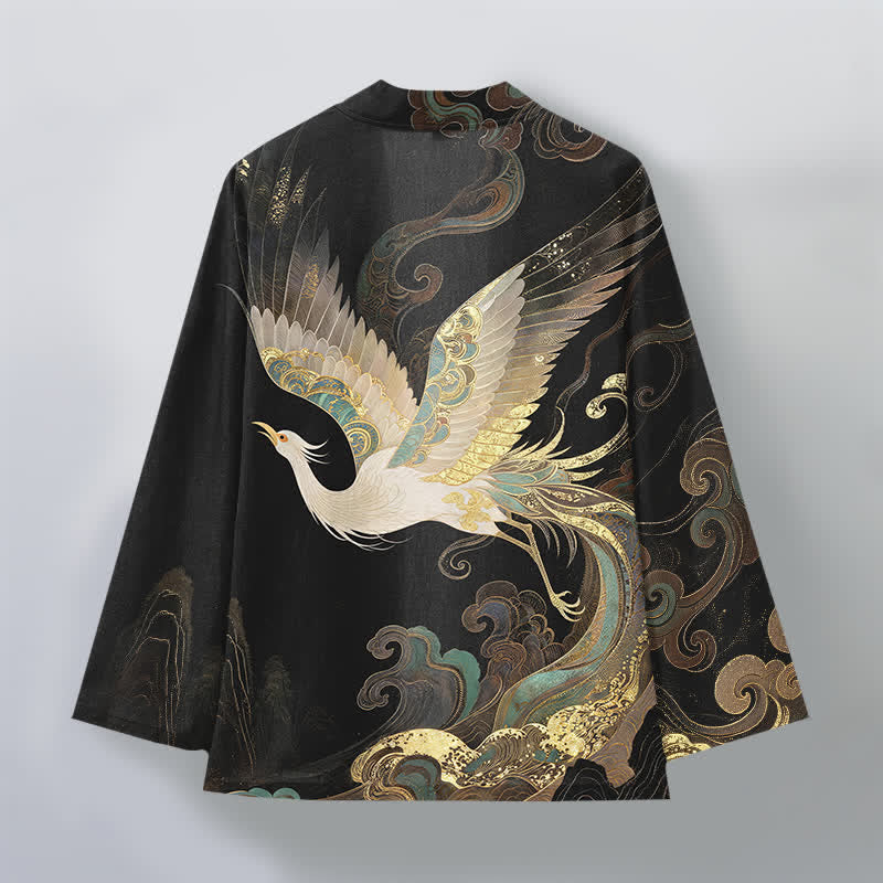 Buddha Stones Kimono da uomo in cotone con apertura frontale e motivo a gru dorate e nuvole. - image 11