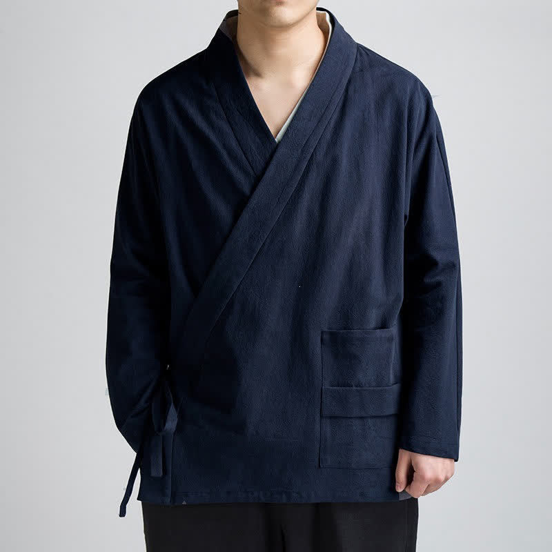 Buddha Stones Kimono da uomo in cotone tinta unita, stile Tang, minimalista, con coulisse, per primavera/autunno, con tasca. - Blu mezzanotte - US/UK/AU44, EU54 (4XL) - image 0