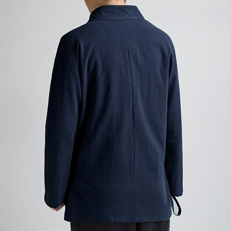 Buddha Stones Kimono da uomo in cotone tinta unita, stile Tang, minimalista, con coulisse, per primavera/autunno, con tasca. - image 1