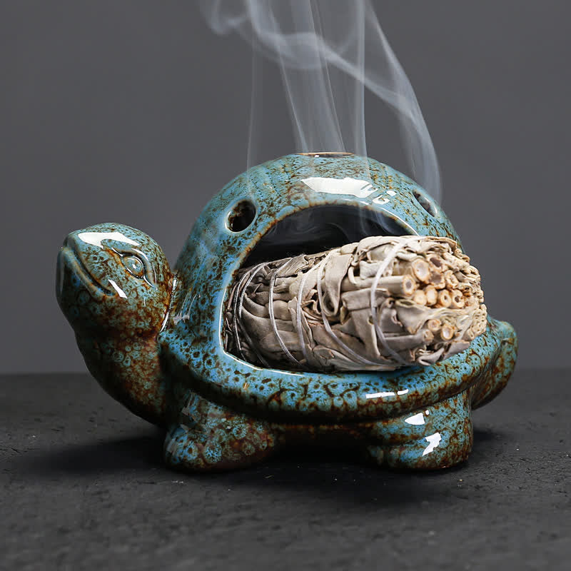 Buddha Stones Bruciatore di incenso in ceramica a forma di tartaruga - Blu - image 0