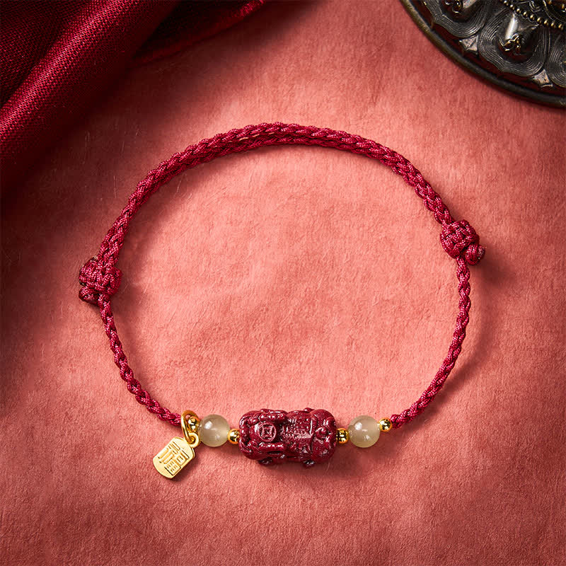 Braccialetto portafortuna con filo rosso e cinabro naturale Buddha Stones Pi Xiu Hetian in giada. - image 1