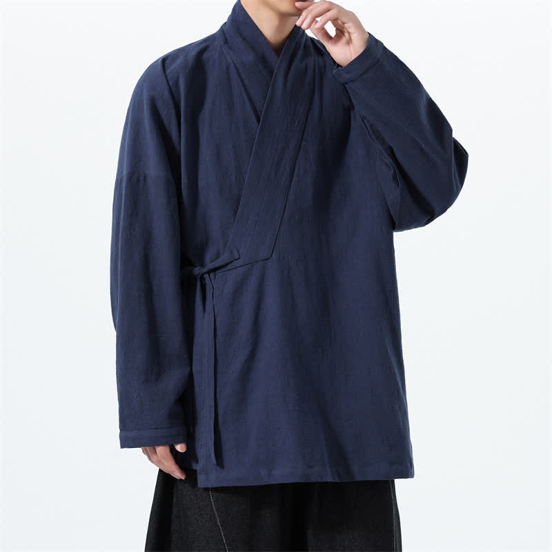Buddha Stones Kimono da uomo in cotone tinta unita, stile semplice, con coulisse, per autunno/inverno, con tasca. - image 1