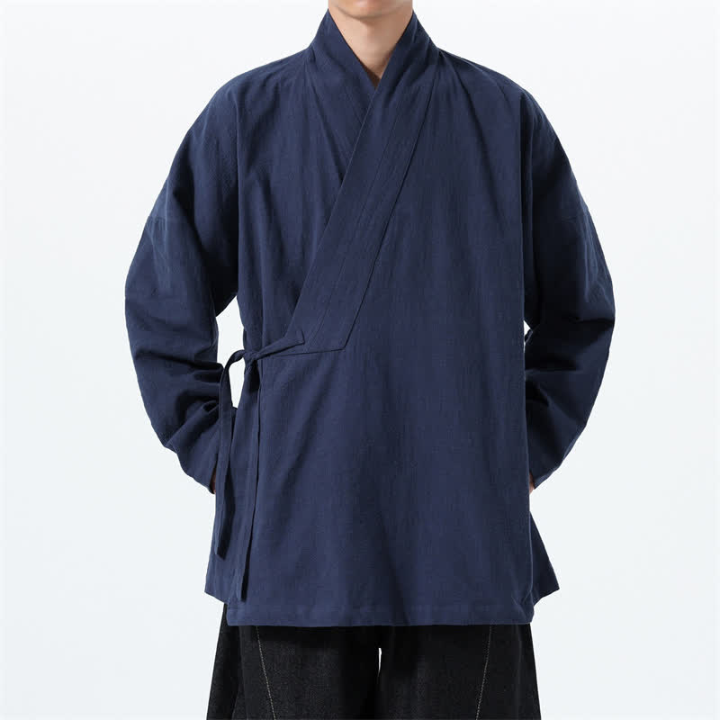 Buddha Stones Kimono da uomo in cotone tinta unita, stile semplice, con coulisse, per autunno/inverno, con tasca. - Marina - US/UK/AU46, EU56 (5XL) - image 0