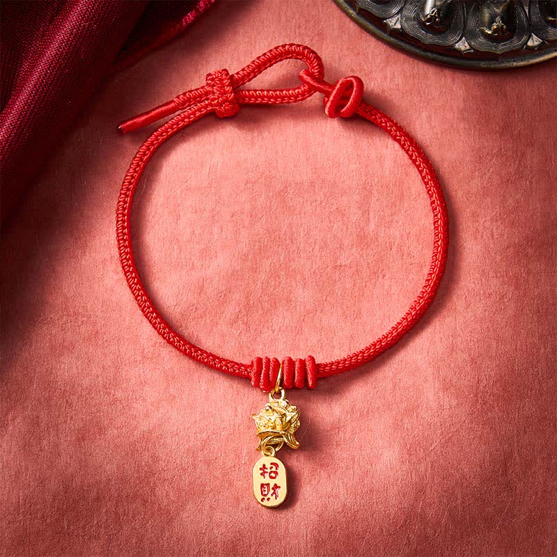 Buddha Stones Braccialetto della ricchezza con filo rosso e personaggio Pi Xiu Fu in rame - image 1