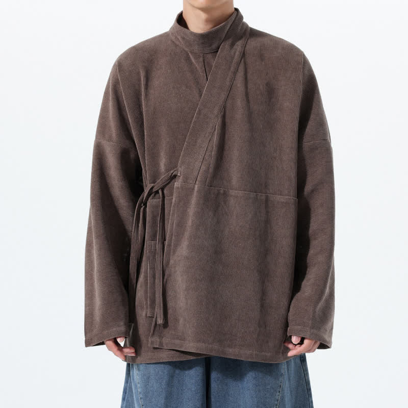 Buddha Stones Kimono da uomo casual autunno/inverno, stile Tang, con colletto alla coreana, tinta unita e tasca. - Marrone sella - US/UK/AU46, EU56 (5XL) - image 0