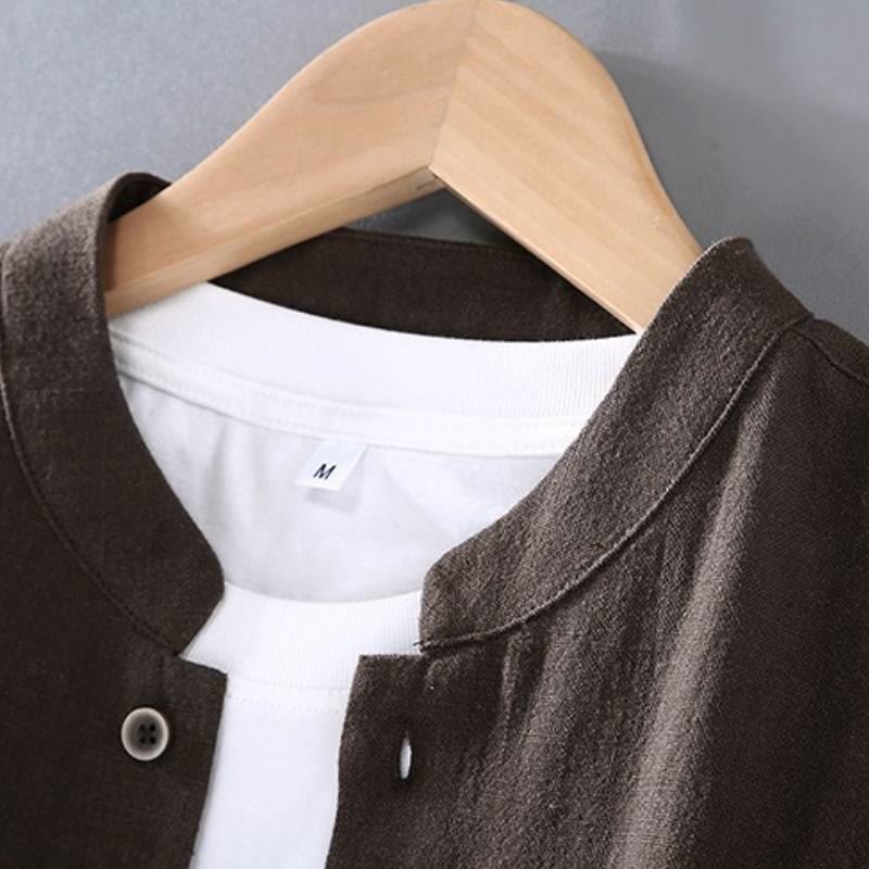 Buddha Stones Camicia a maniche lunghe da uomo in ramia tinta unita stile Tang, minimalista, con bottoni, primavera autunno, pantaloni, tessuto da meditazione con tasche - image 1