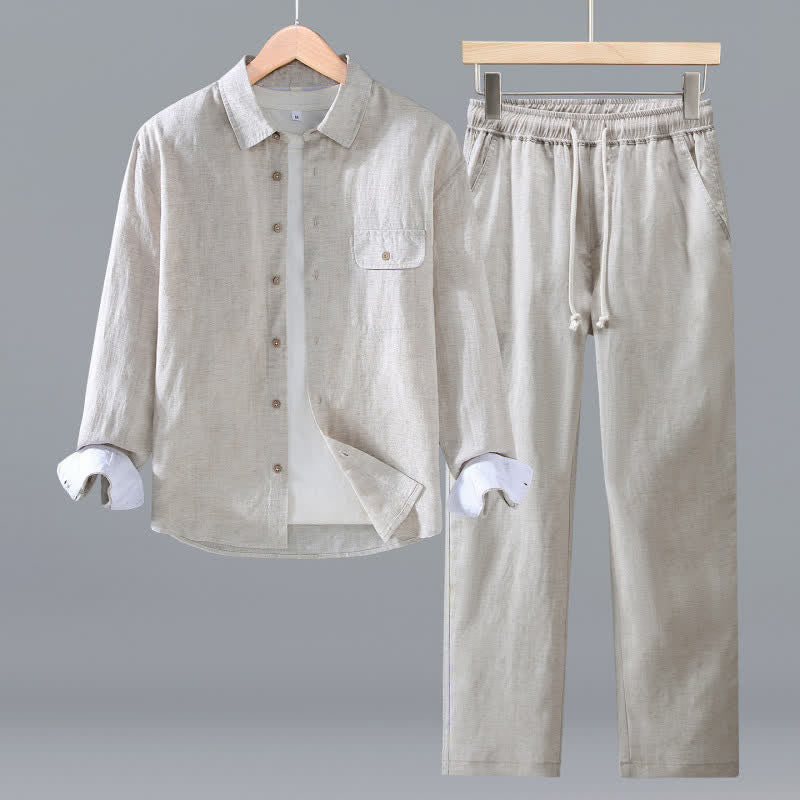 Buddha Stones Camicia a maniche lunghe casual minimalista con bottoni, pantaloni con coulisse, tinta unita, da uomo, per meditazione, con tasca - Beige - US/UK/AU42, EU52 (3XL) - image 1
