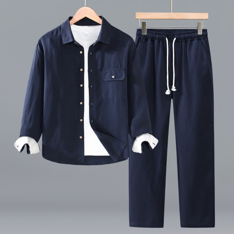 Buddha Stones Camicia a maniche lunghe casual minimalista con bottoni, pantaloni con coulisse, tinta unita, da uomo, per meditazione, con tasca - Marina - US/UK/AU42, EU52 (3XL) - image 0