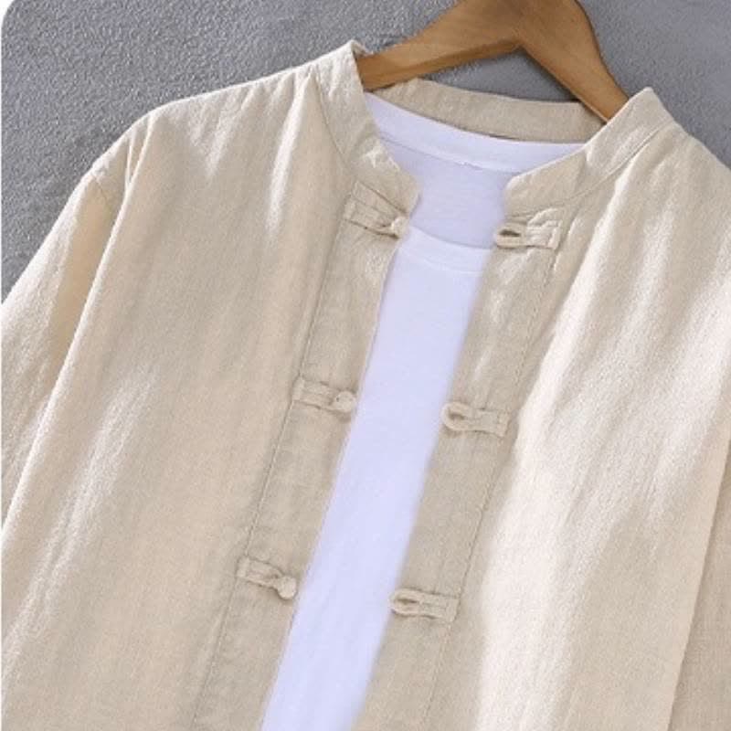 Buddha Stones Camicia e pantaloni da uomo in ramia tinta unita stile Tang con colletto alla coreana, primavera/autunno, con tasche, ideali per la meditazione. - image 1