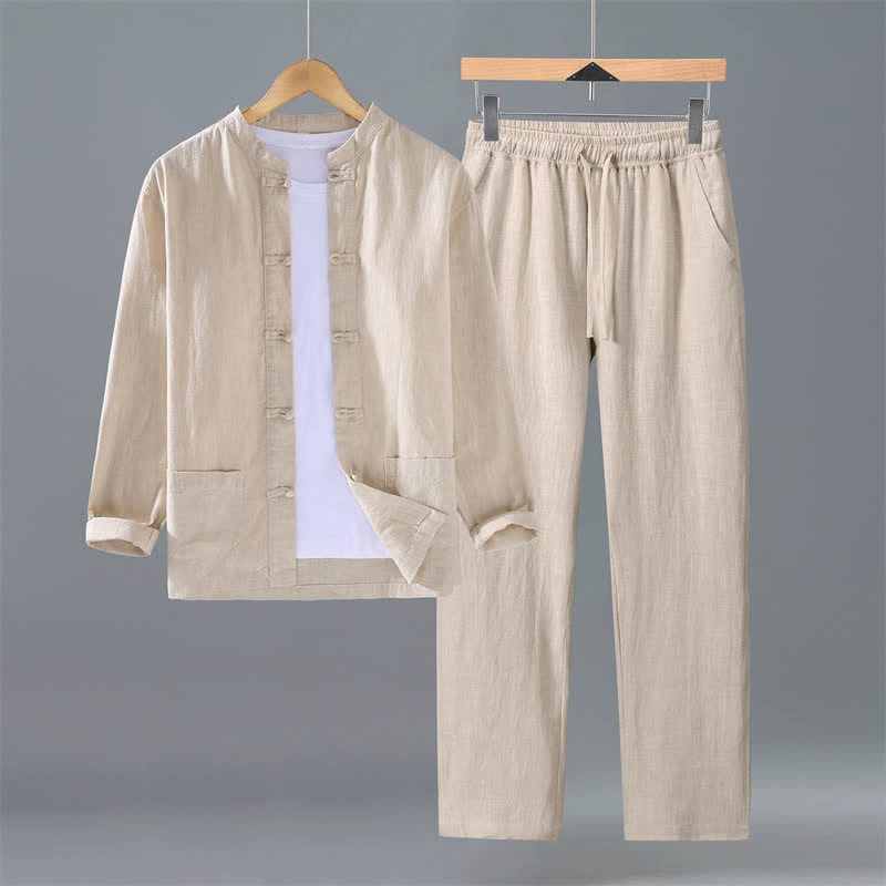 Buddha Stones Camicia e pantaloni da uomo in ramia tinta unita stile Tang con colletto alla coreana, primavera/autunno, con tasche, ideali per la meditazione. - Beige - US/UK/AU42, EU52 (3XL) - image 0