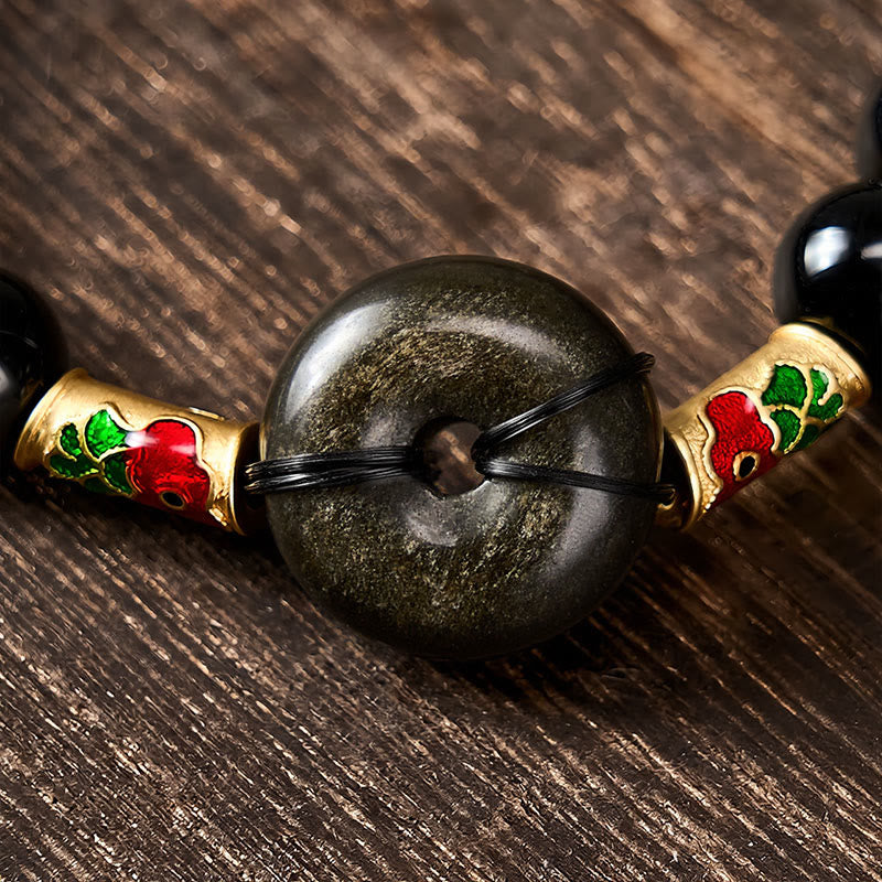 Buddha Stones Bracciale con fibbia della pace in ossidiana dorata e perline rotonde di protezione con pesce koi in ossidiana nera. - image 3