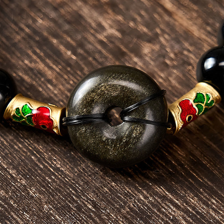 Buddha Stones Bracciale con fibbia della pace in ossidiana dorata e perline rotonde di protezione con pesce koi in ossidiana nera. - image 3
