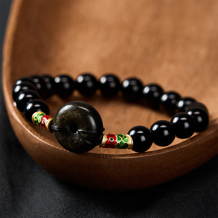 Buddha Stones Bracciale con fibbia della pace in ossidiana dorata e perline rotonde di protezione con pesce koi in ossidiana nera. - image 2