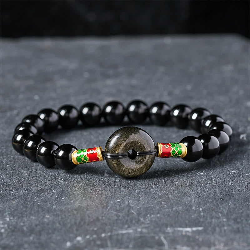 Buddha Stones Bracciale con fibbia della pace in ossidiana dorata e perline rotonde di protezione con pesce koi in ossidiana nera. - Ossidiana nera e ossidiana con riflessi dorati (circonferenza del polso: 15–16 cm) - image 0