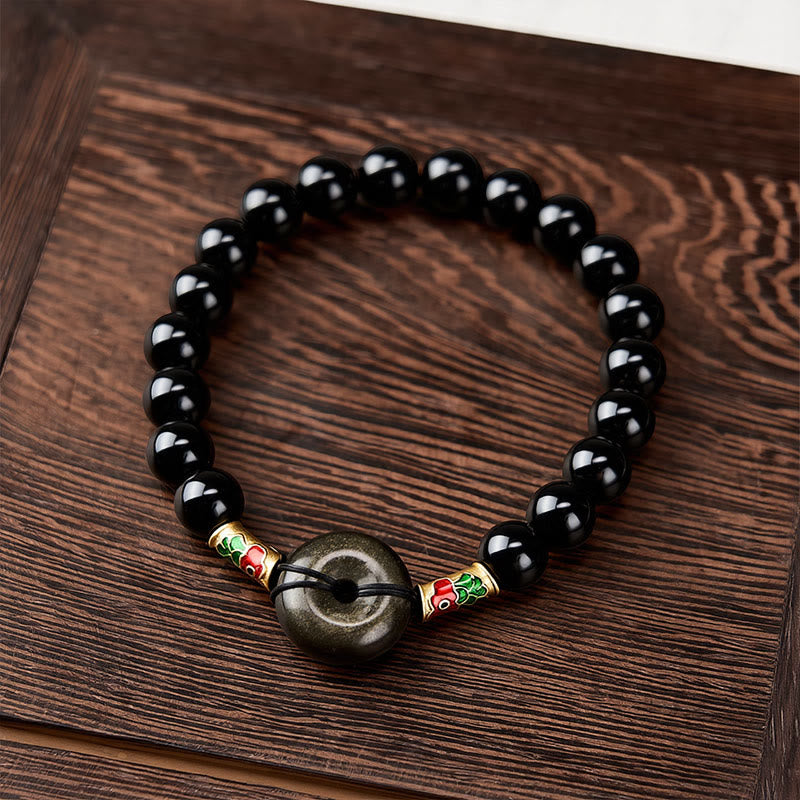 Buddha Stones Bracciale con fibbia della pace in ossidiana dorata e perline rotonde di protezione con pesce koi in ossidiana nera. - image 1